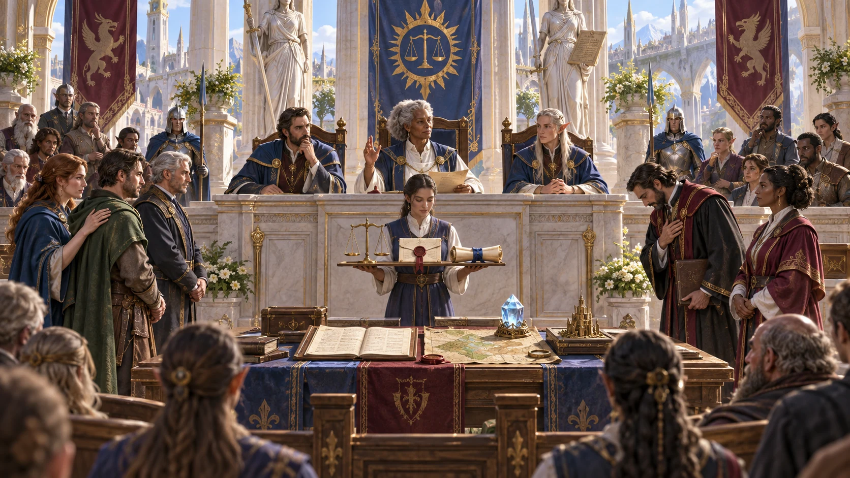 A fantasy court presents a recorded judgment before participants, witnesses and gathered listeners.