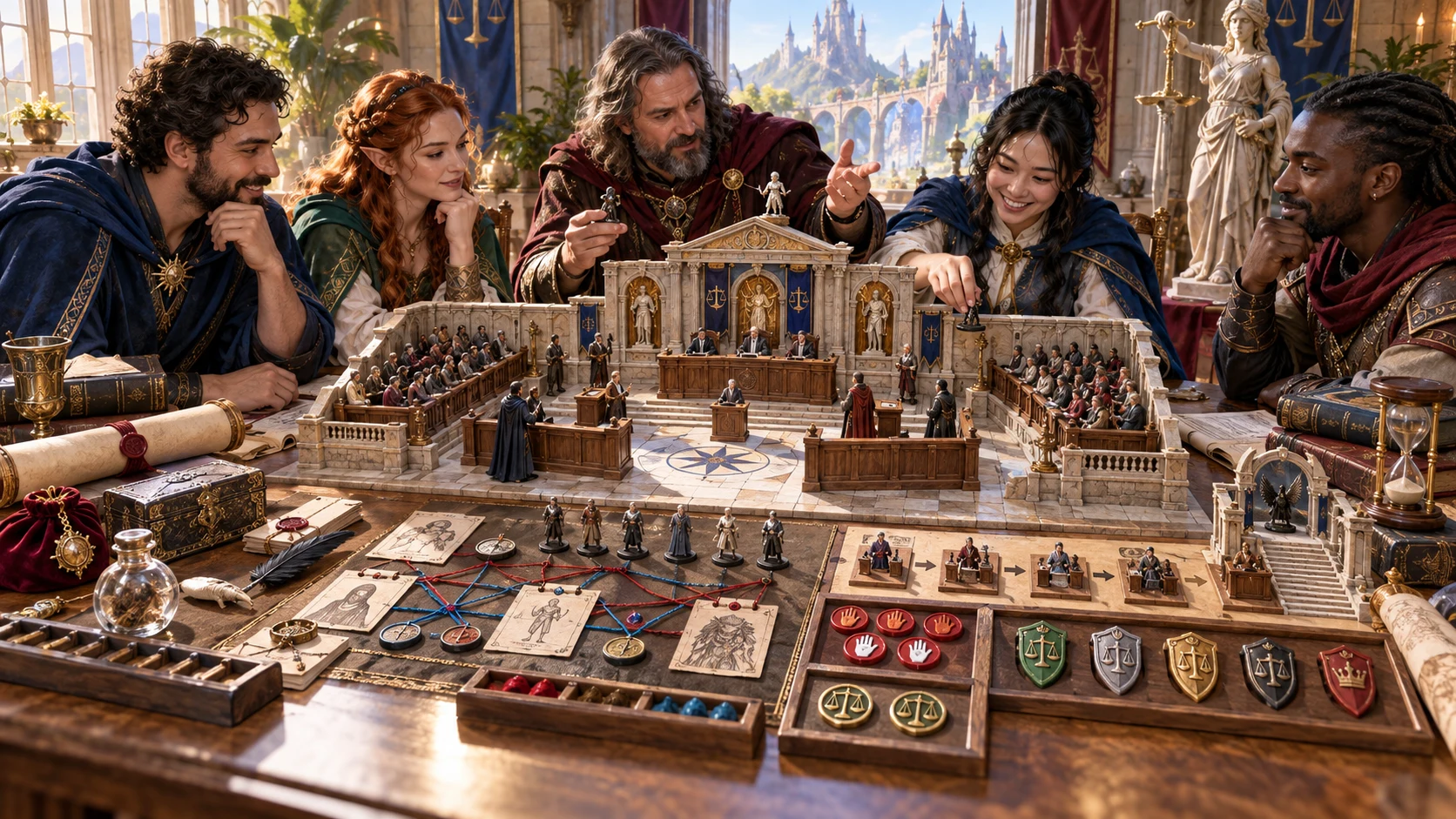 Companions prepare a miniature courtroom, witness cards and hearing stages at a campaign table.